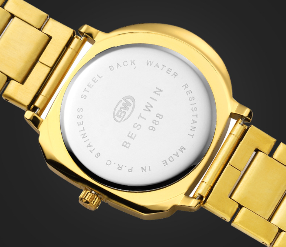 BESTWIN Men‘s Gold U-Shape Digital Chronograph Watch | Fashion Oval Dress Timepiece with Stainless Steel Bracelet | 988