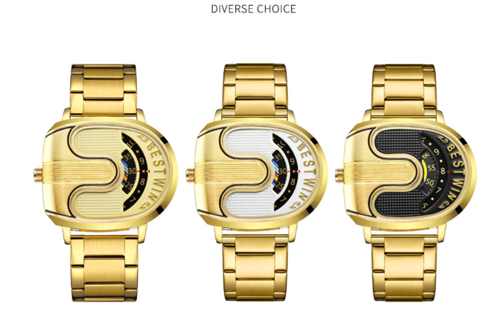 BESTWIN Men‘s Gold U-Shape Digital Chronograph Watch | Fashion Oval Dress Timepiece with Stainless Steel Bracelet | 988