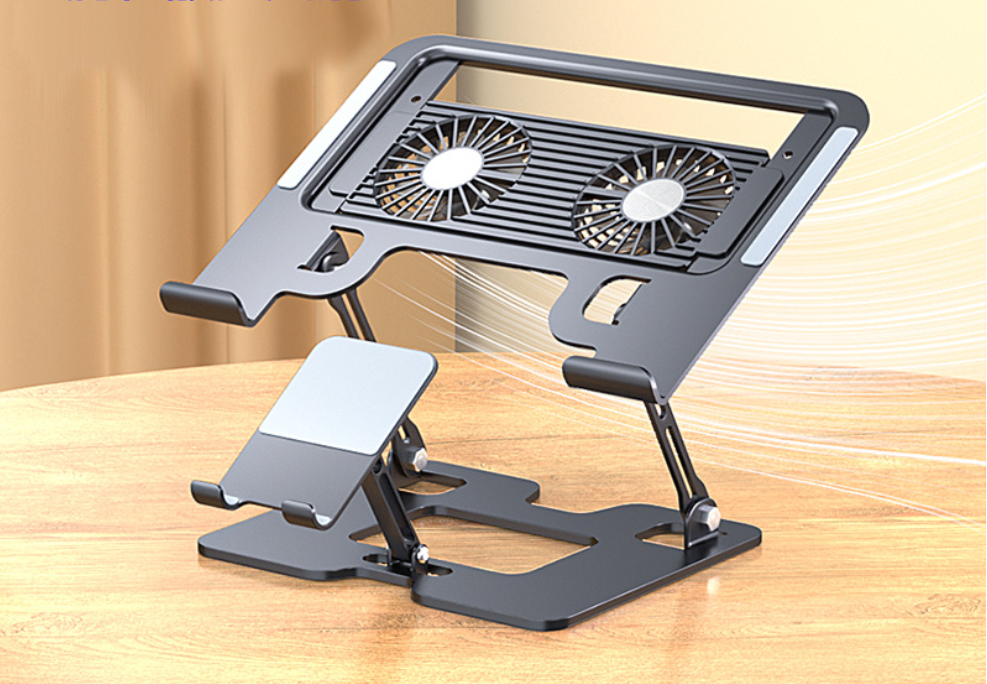 Laptop & Phone 2-in-1 Cooling Stand with Fans | Silent Turbo-Fan Elevator for Gaming Laptops | Height-Adjustable Aluminum Riser | 112