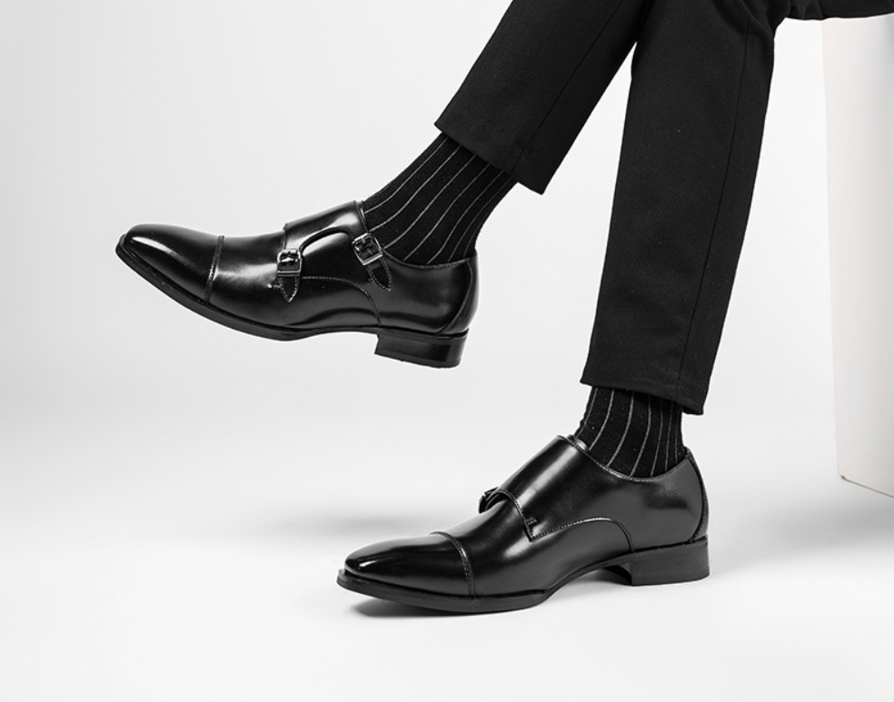 Men's Double Monk Strap Dress Shoes | Genuine Leather Business Oxfords with Height Boost | Square Toe Formal Footwear | HK5009-2