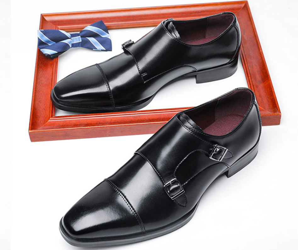 Men's Double Monk Strap Dress Shoes | Genuine Leather Business Oxfords with Height Boost | Square Toe Formal Footwear | HK5009-2