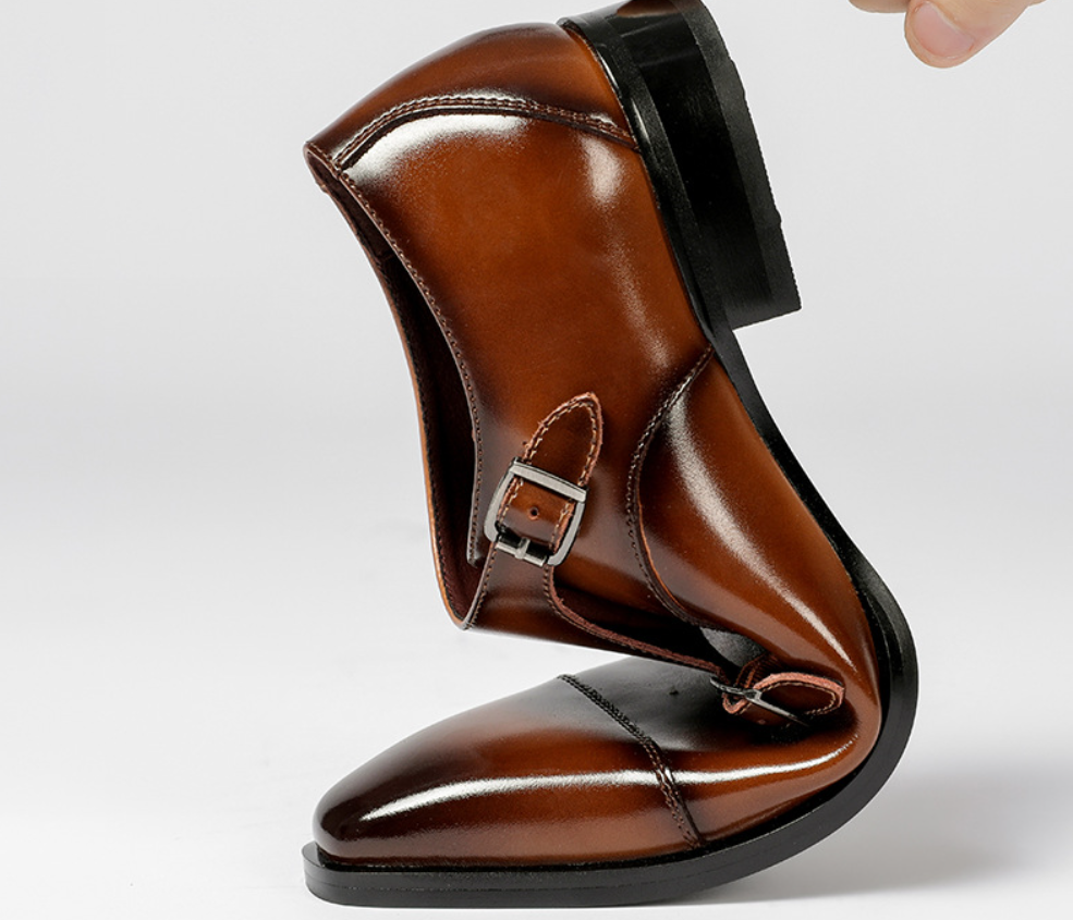 Men's Double Monk Strap Dress Shoes | Genuine Leather Business Oxfords with Height Boost | Square Toe Formal Footwear | HK5009-2