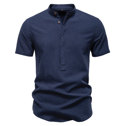 Japanisches minimalistisches Kurzarmhemd aus Leinenmischung für Herren – Sommerliches Slim-Fit-Freizeitoberteil | SH2039