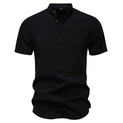 Japanisches minimalistisches Kurzarmhemd aus Leinenmischung für Herren – Sommerliches Slim-Fit-Freizeitoberteil | SH2039