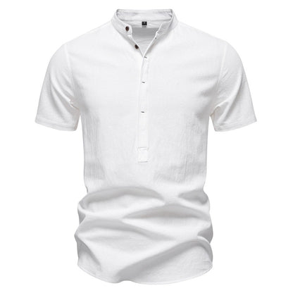 Japanisches minimalistisches Kurzarmhemd aus Leinenmischung für Herren – Sommerliches Slim-Fit-Freizeitoberteil | SH2039