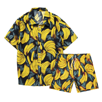 Camicia da uomo corta 2 pezzi hawaiana stampa tropicale ampia casual set | ST05 