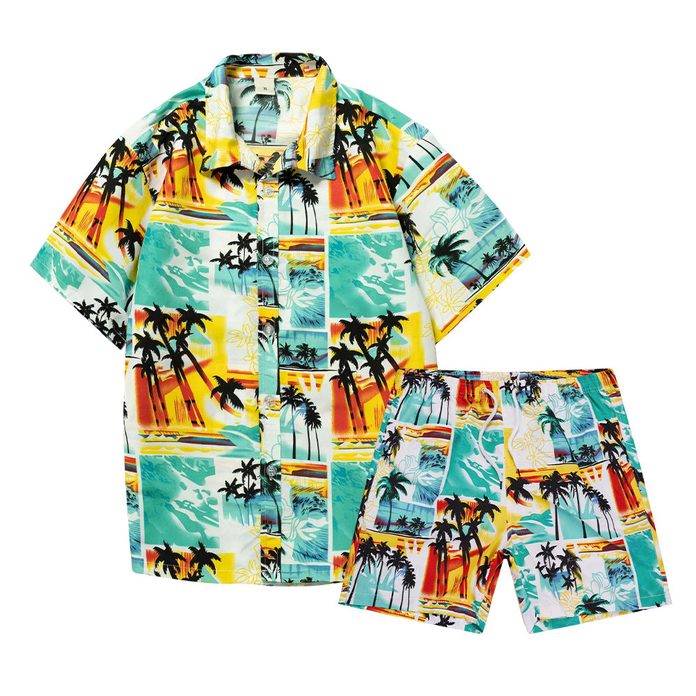 Camicia da uomo corta 2 pezzi hawaiana stampa tropicale ampia casual set | ST05 