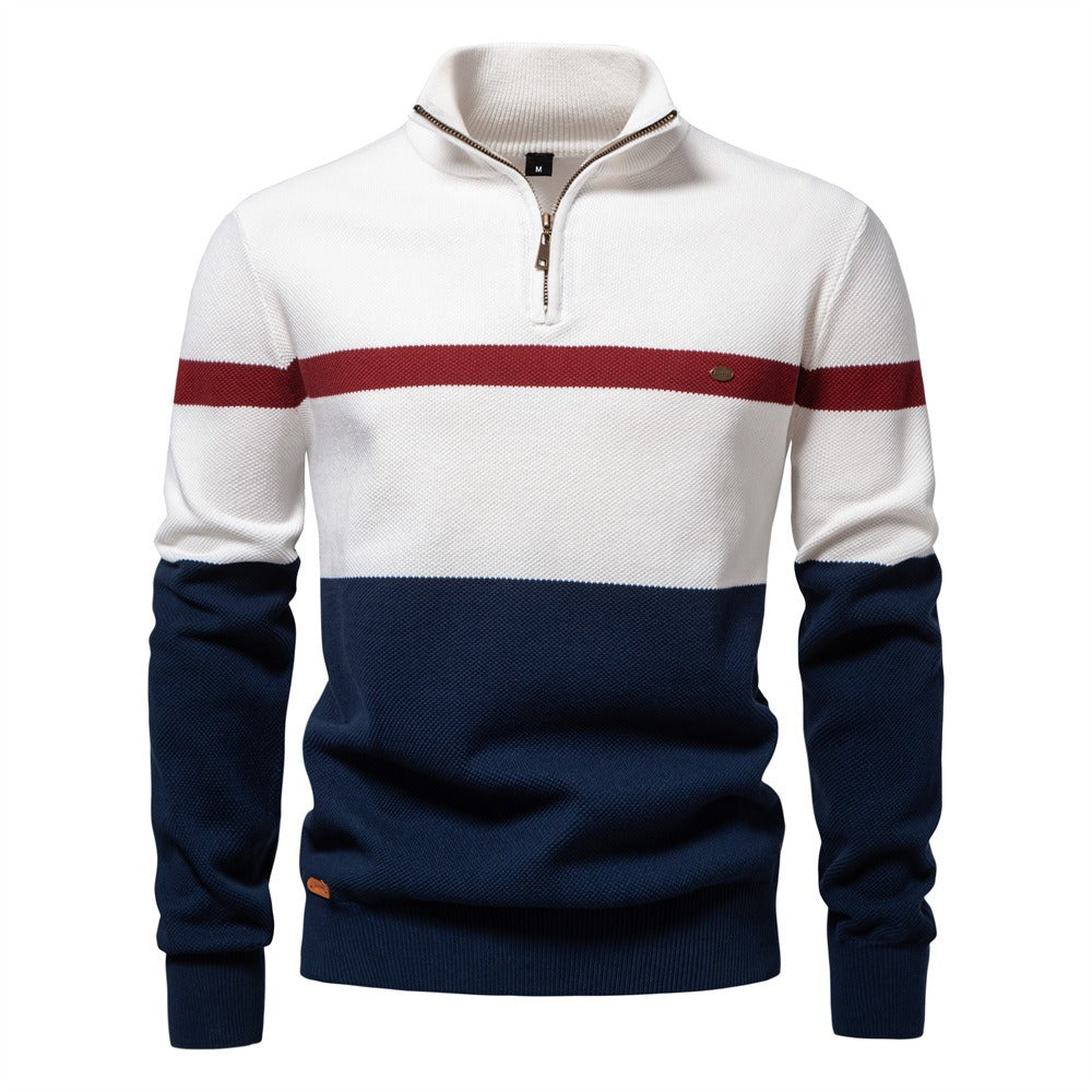 Herren-Strickpullover mit Stehkragen und halbem Reißverschluss – Lässiger Colorblock-Pullover | SW135 