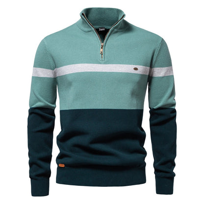 Herren-Strickpullover mit Stehkragen und halbem Reißverschluss – Lässiger Colorblock-Pullover | SW135 