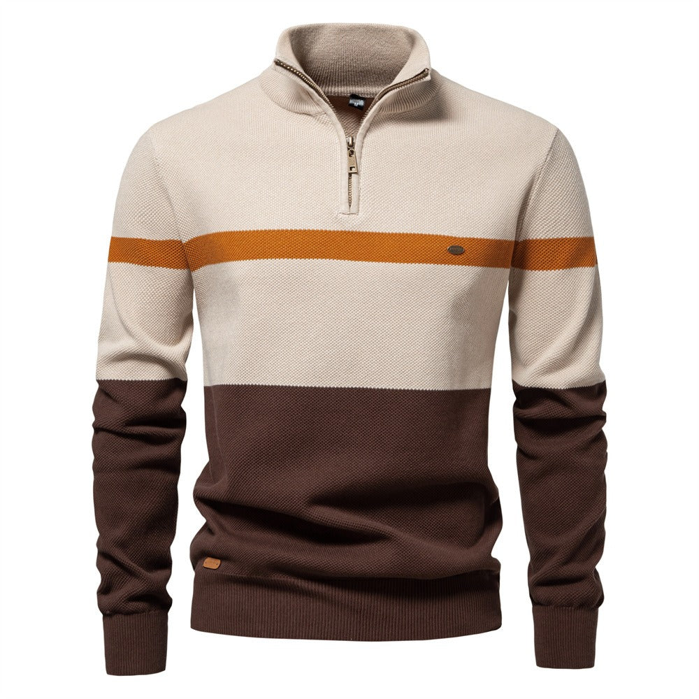 Herren-Strickpullover mit Stehkragen und halbem Reißverschluss – Lässiger Colorblock-Pullover | SW135 