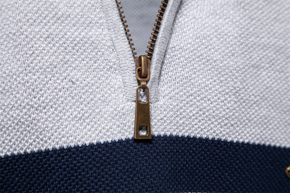 Herren-Strickpullover mit Stehkragen und halbem Reißverschluss – Lässiger Colorblock-Pullover | SW135 