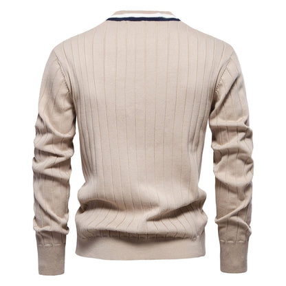 Herren-Strickjacke mit V-Ausschnitt und Farbbesatz – Lässiger, locker sitzender Pullover mit Knöpfen für den Herbst | SW199 