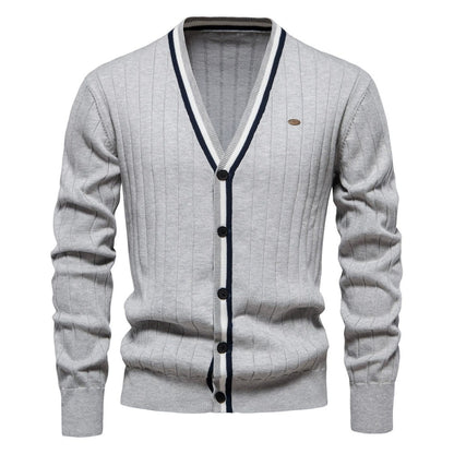 Herren-Strickjacke mit V-Ausschnitt und Farbbesatz – Lässiger, locker sitzender Pullover mit Knöpfen für den Herbst | SW199 