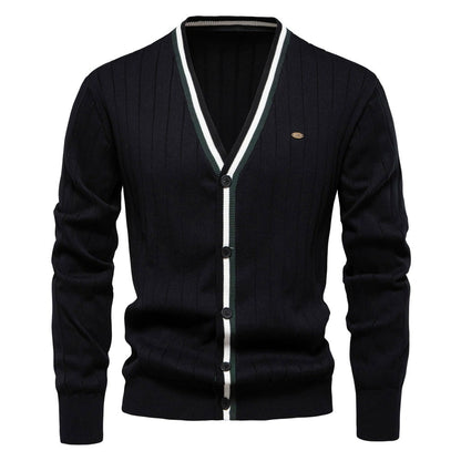 Herren-Strickjacke mit V-Ausschnitt und Farbbesatz – Lässiger, locker sitzender Pullover mit Knöpfen für den Herbst | SW199 