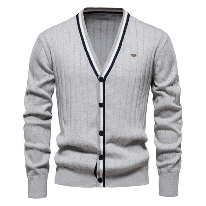 Herren-Strickjacke mit V-Ausschnitt und Farbbesatz – Lässiger, locker sitzender Pullover mit Knöpfen für den Herbst | SW199 