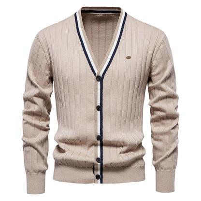 Herren-Strickjacke mit V-Ausschnitt und Farbbesatz – Lässiger, locker sitzender Pullover mit Knöpfen für den Herbst | SW199 