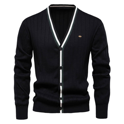 Herren-Strickjacke mit V-Ausschnitt und Farbbesatz – Lässiger, locker sitzender Pullover mit Knöpfen für den Herbst | SW199 