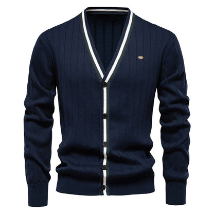 Herren-Strickjacke mit V-Ausschnitt und Farbbesatz – Lässiger, locker sitzender Pullover mit Knöpfen für den Herbst | SW199 
