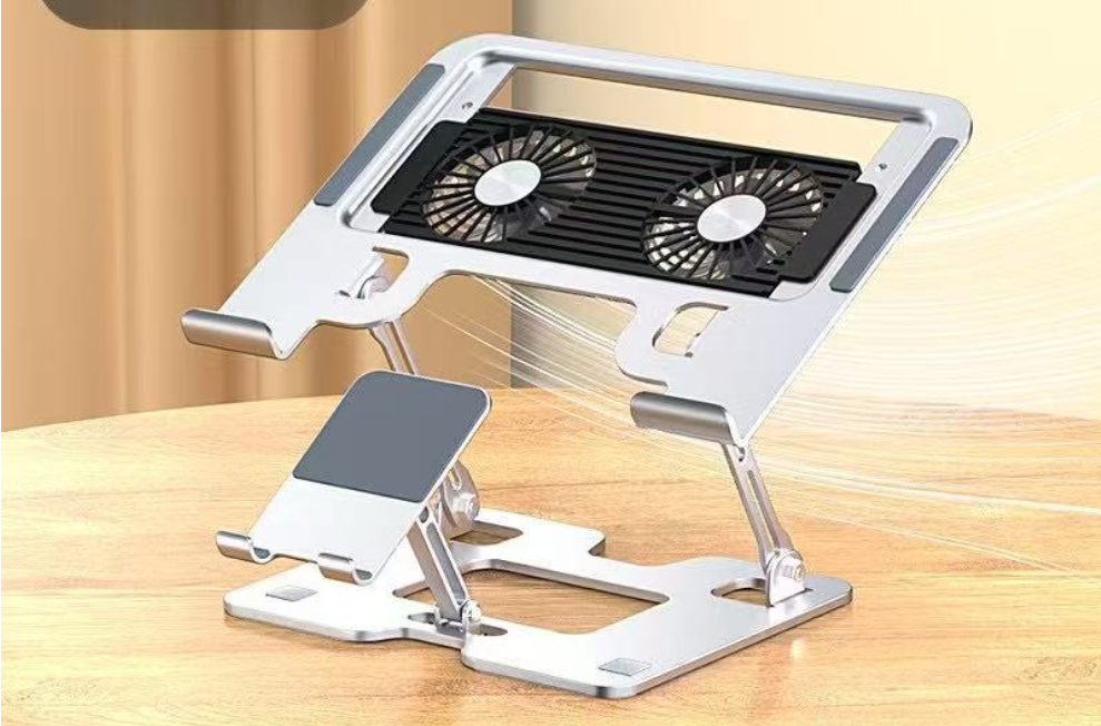 Laptop & Phone 2-in-1 Cooling Stand with Fans | Silent Turbo-Fan Elevator for Gaming Laptops | Height-Adjustable Aluminum Riser | 112