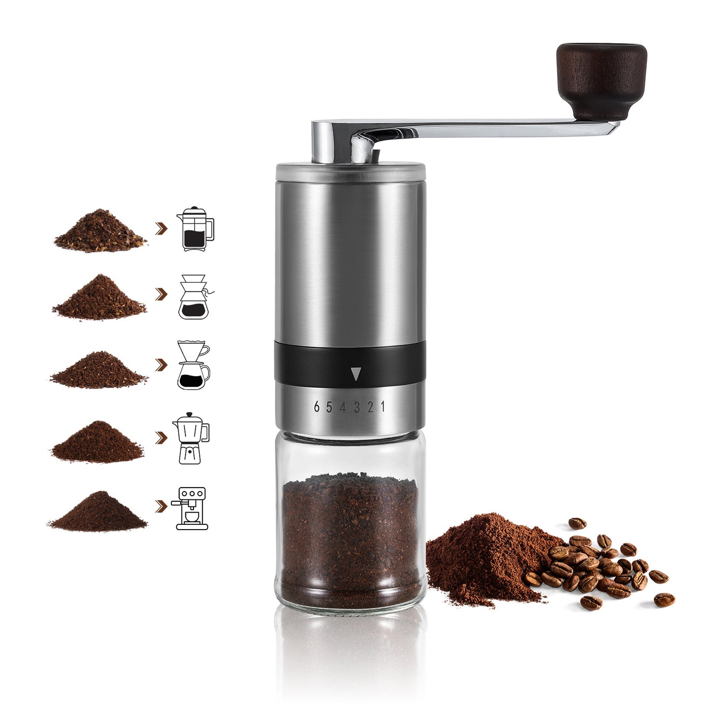 Tragbare manuelle Kaffeemühle – Handkurbel-Kaffeemühle aus Edelstahl mit Keramikmahlwerk für die Zubereitung zu Hause und im Freien | 1070165 