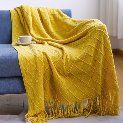 Cozy Knit Throw Blanket with Tassels Lightweight Breathable Acrylic for Sofa & Travel Comfort | YENLN06