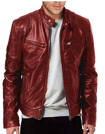 Premium Quality PU Leather Stand up Collar Slim Fit Leather Jacket Warm Zipper Cardigan with Multiple Pockets | PY31