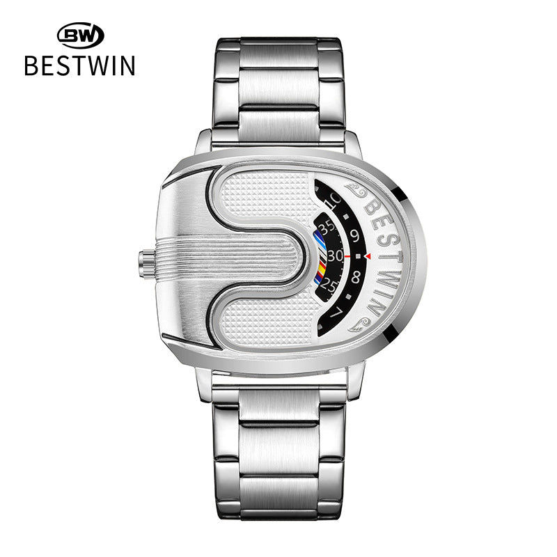 BESTWIN Men‘s Gold U-Shape Digital Chronograph Watch | Fashion Oval Dress Timepiece with Stainless Steel Bracelet | 988