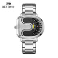 BESTWIN Men‘s Gold U-Shape Digital Chronograph Watch Fashion Oval Dress Timepiece with Stainless Steel Bracelet