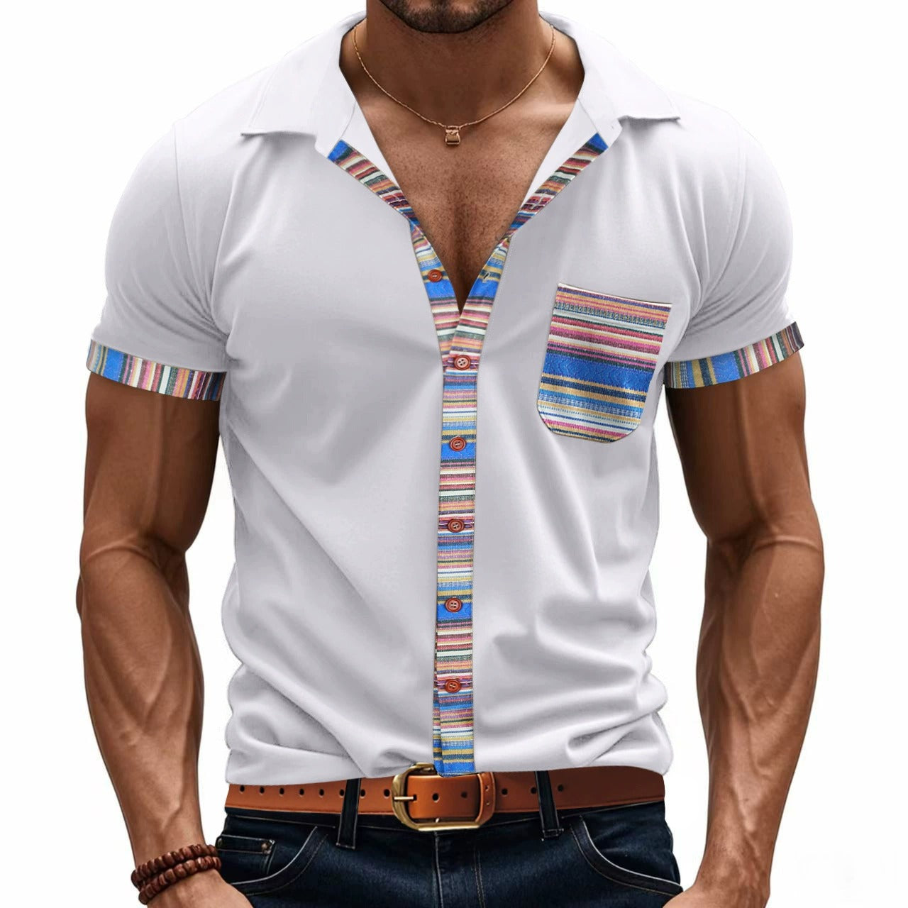 Herren Sommer Slim-Fit Bohemian Kontrastärmel Hemd - Leichtes Luxus Casual Kurzarm Top | YH-6 