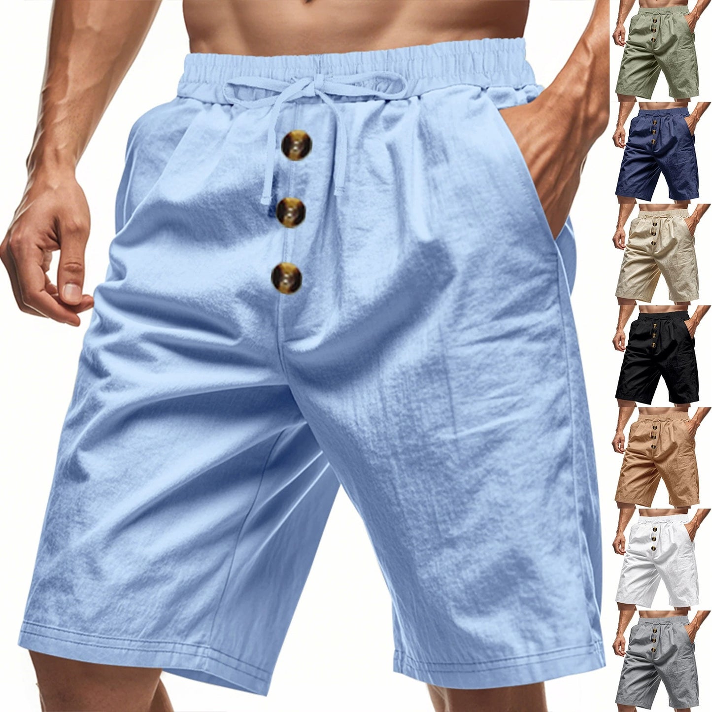 Herren Leinen Strandshorts Gewaschene Knopfleiste Relaxed Fit Fünf-Punkt-Shorts | YH-WW9 