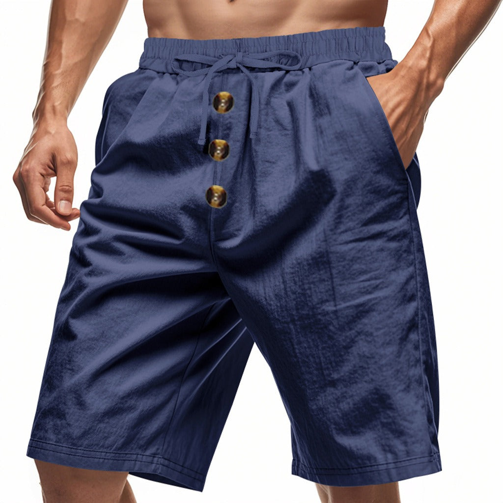 Herren Leinen Strandshorts Gewaschene Knopfleiste Relaxed Fit Fünf-Punkt-Shorts | YH-WW9 