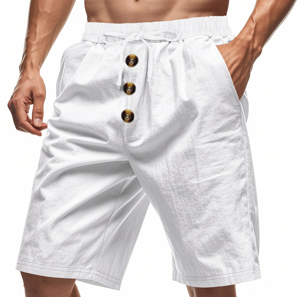 Herren Leinen Strandshorts Gewaschene Knopfleiste Relaxed Fit Fünf-Punkt-Shorts | YH-WW9 