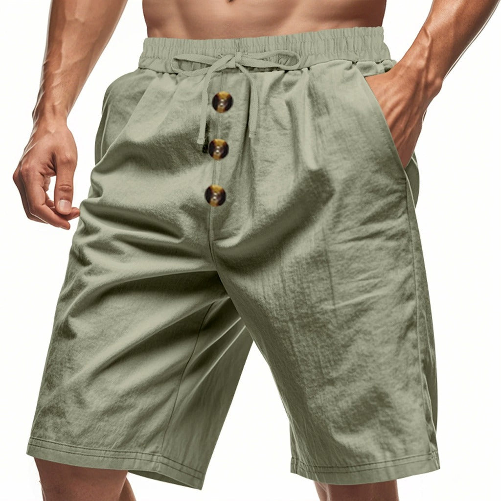 Herren Leinen Strandshorts Gewaschene Knopfleiste Relaxed Fit Fünf-Punkt-Shorts | YH-WW9 