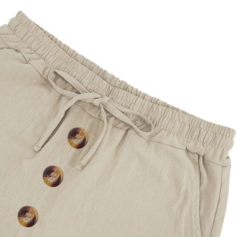 Herren Leinen Strandshorts Gewaschene Knopfleiste Relaxed Fit Fünf-Punkt-Shorts | YH-WW9 