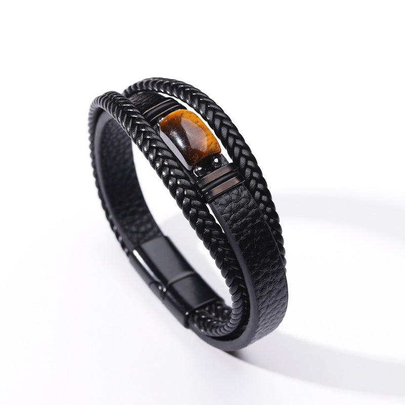 Herrenarmband aus Tigerauge-Stein, mehrlagiges Leder &amp; Seil mit Magnetverschluss | YM-0096-A