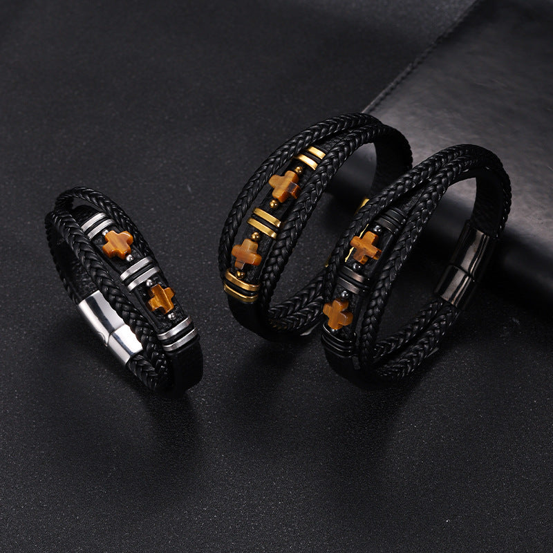 Herren Magnetisches Lederarmband Tigerauge Stein &amp; Doppelkreuz Edelstahl | YM-0361