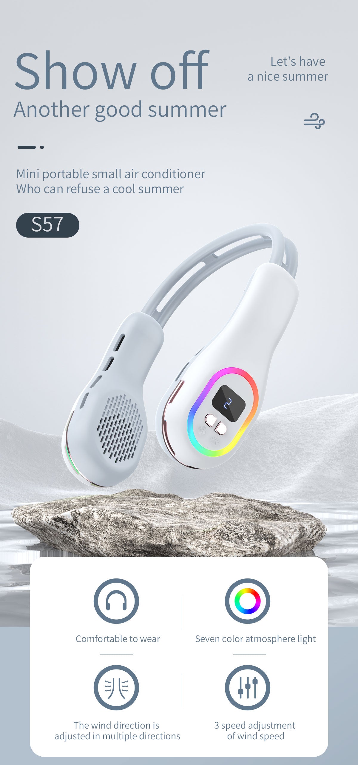 Ventilateur de cou d'été portable mains libres sans pales, lumière LED colorée, 3 vitesses, réglage de la direction du vent à 360 °, climatiseur portable rechargeable | S57 