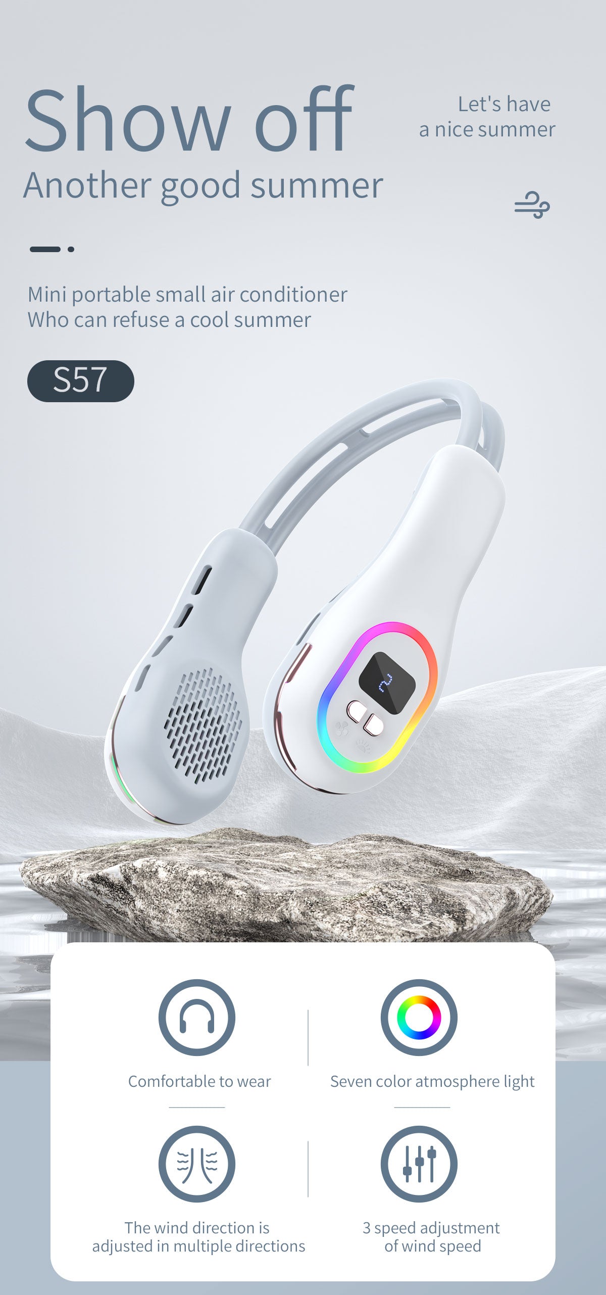 Sommer-Nackenventilator, tragbar, freihändig, flügellose Kühlventilatoren, LED-Farblicht, 3 Geschwindigkeiten, 360°-Windrichtungseinstellung, wiederaufladbare tragbare Klimaanlage | S57 