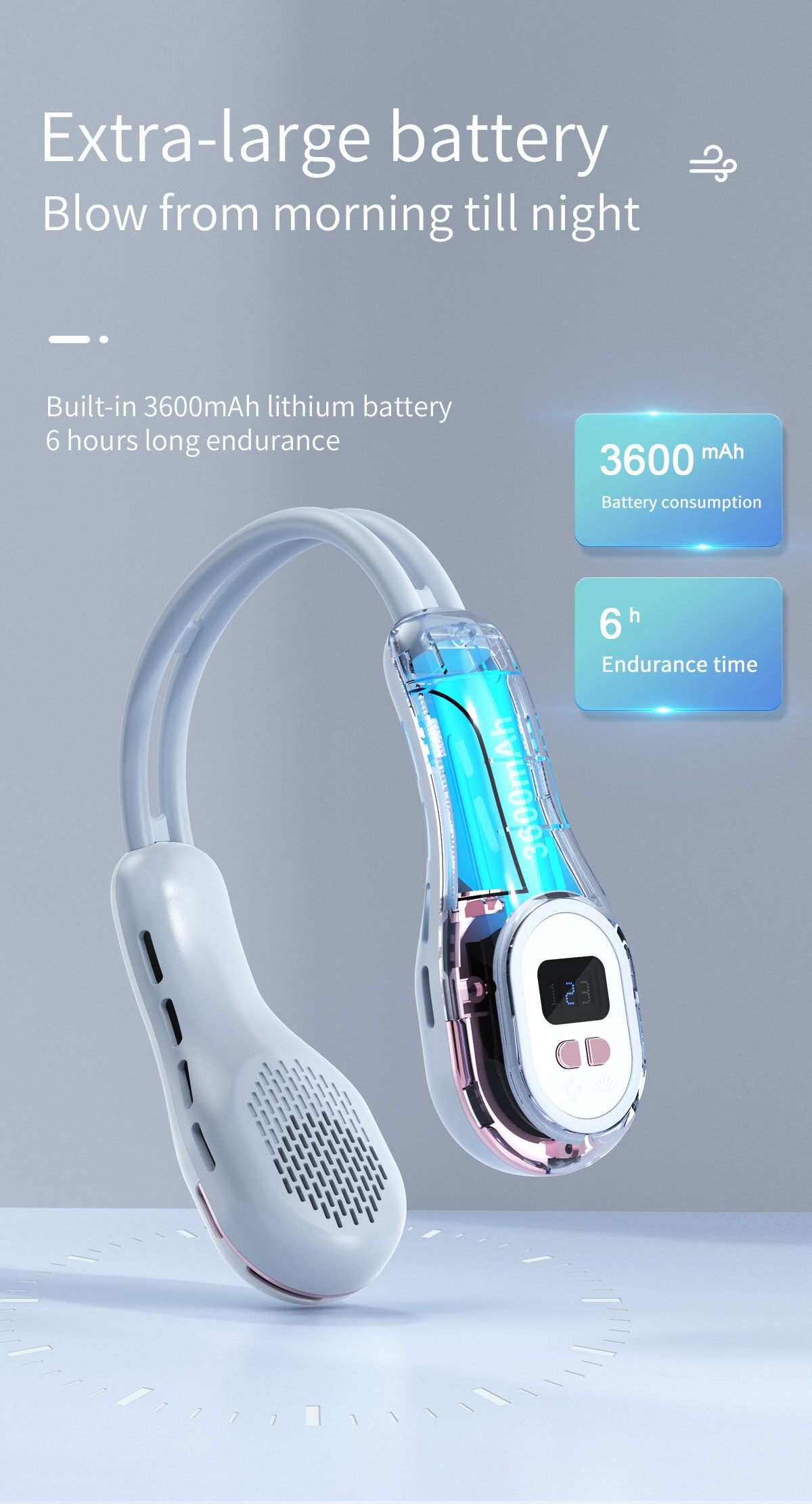 Sommer-Nackenventilator, tragbar, freihändig, flügellose Kühlventilatoren, LED-Farblicht, 3 Geschwindigkeiten, 360°-Windrichtungseinstellung, wiederaufladbare tragbare Klimaanlage | S57 