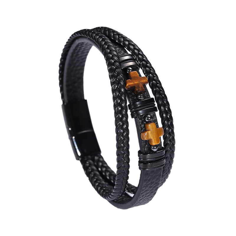 Herren Magnetisches Lederarmband Tigerauge Stein &amp; Doppelkreuz Edelstahl | YM-0361