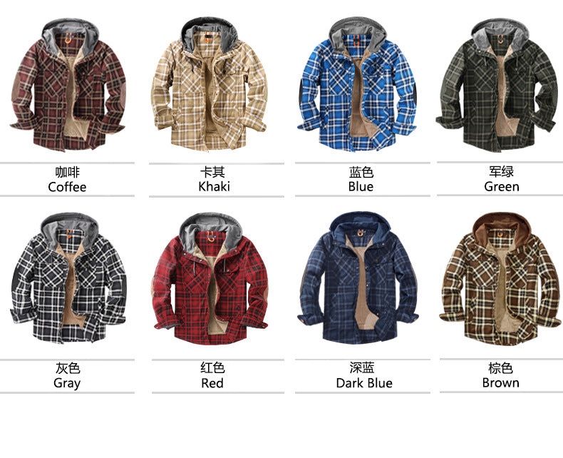 Hochwertige Herren-Hemdjacke mit Karomuster, Übergröße, mit Samtfutter, winddicht, warm, mit Kapuze, Baumwollmantel | 3252 