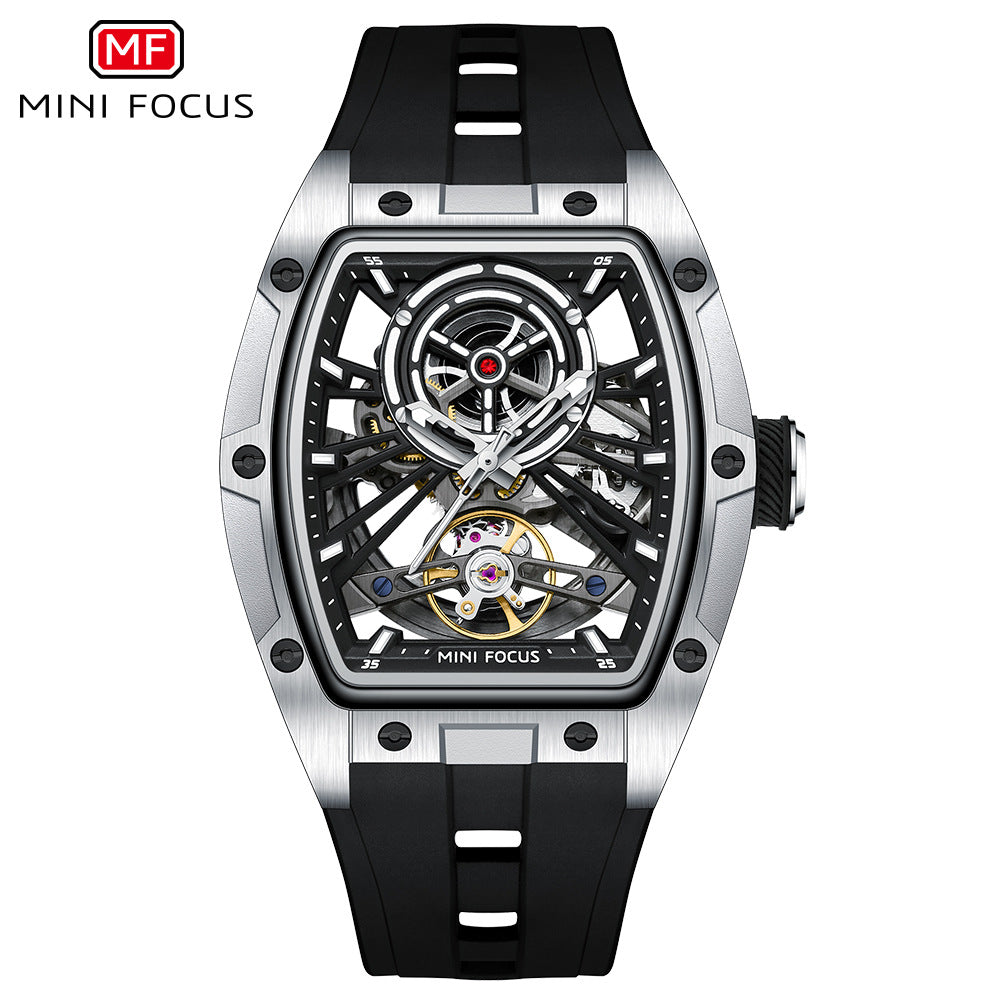 MINIFOCUS MF0603G Skeleton Automatic Watch for Men | Stainless Steel Barrel Case | Mechanical Wristwatch with Luminous Hands | MF0603G
