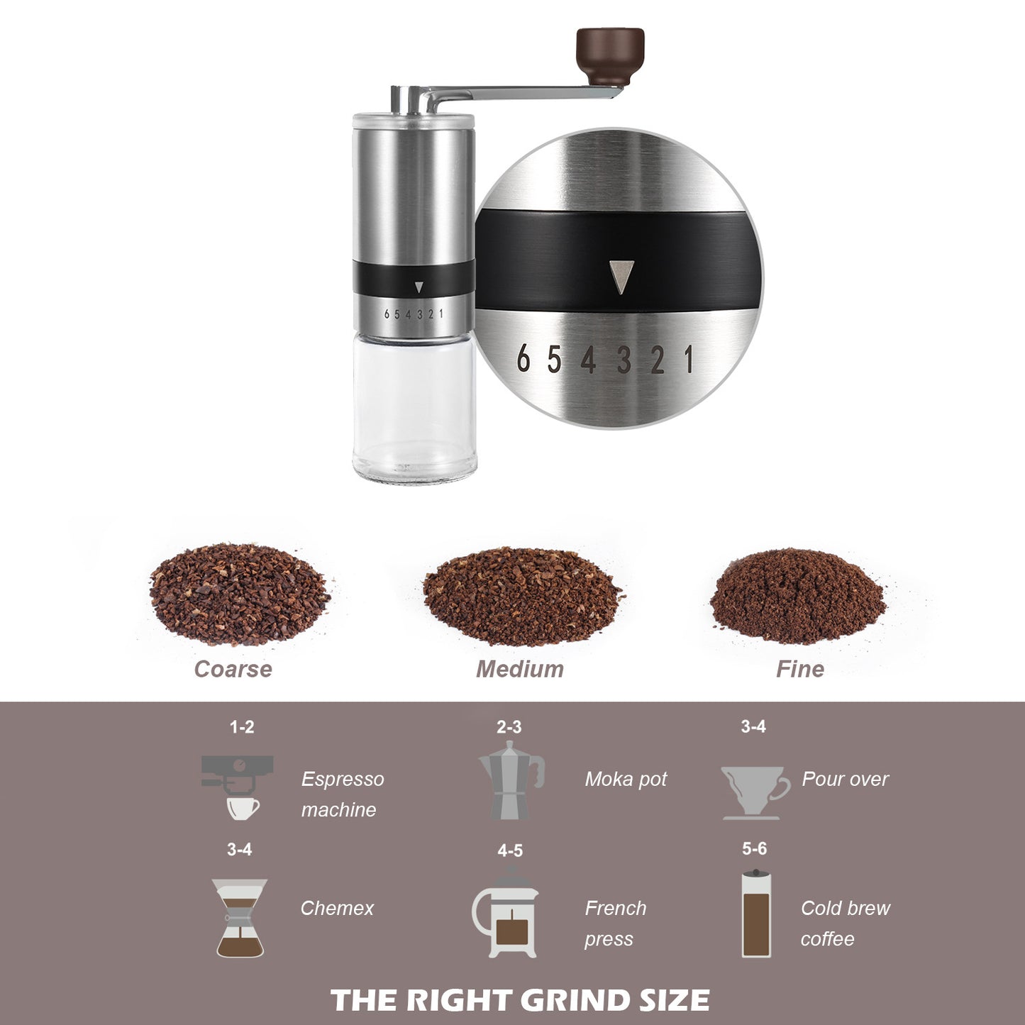 Tragbare manuelle Kaffeemühle – Handkurbel-Kaffeemühle aus Edelstahl mit Keramikmahlwerk für die Zubereitung zu Hause und im Freien | 1070165 