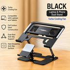 Laptop & Phone 2-in-1 Cooling Stand with Fans | Silent Turbo-Fan Elevator for Gaming Laptops | Height-Adjustable Aluminum Riser | 112
