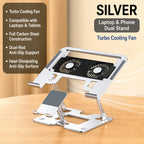 Laptop & Phone 2-in-1 Cooling Stand with Fans | Silent Turbo-Fan Elevator for Gaming Laptops | Height-Adjustable Aluminum Riser | 112