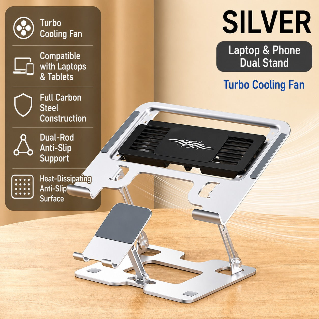 Laptop & Phone 2-in-1 Cooling Stand with Fans | Silent Turbo-Fan Elevator for Gaming Laptops | Height-Adjustable Aluminum Riser | 112
