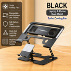 Laptop & Phone 2-in-1 Cooling Stand with Fans | Silent Turbo-Fan Elevator for Gaming Laptops | Height-Adjustable Aluminum Riser | 112