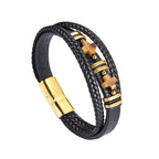 Herren Magnetisches Lederarmband Tigerauge Stein &amp; Doppelkreuz Edelstahl | YM-0361