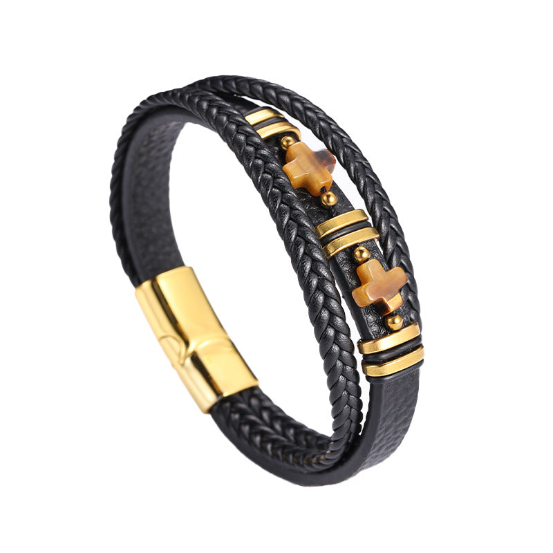 Herren Magnetisches Lederarmband Tigerauge Stein &amp; Doppelkreuz Edelstahl | YM-0361