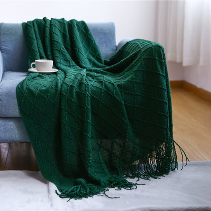 Cozy Knit Throw Blanket with Tassels Lightweight Breathable Acrylic for Sofa & Travel Comfort | YENLN06